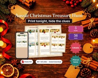 May include: A digital Aussie Christmas Treasure Hunt game set featuring printable clue cards, a smartphone display, and text labels including 3 hunts, 36 clues, editable, and print at home, set against a rustic wooden background with holiday decor.