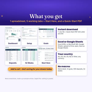 May include: A digital savings tracker spreadsheet featuring six distinct tabs labeled Dashboard, Setup, Goals, Deposits, 52 Weeks, and Start Here. The layout includes text boxes detailing compatibility with Excel and Google Sheets, download specifications, and currency options.