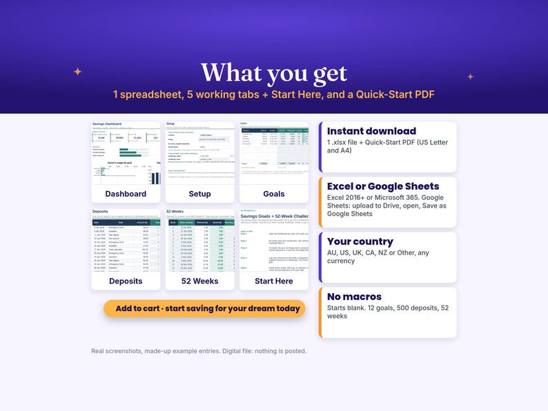May include: A digital savings tracker spreadsheet featuring six distinct tabs labeled Dashboard, Setup, Goals, Deposits, 52 Weeks, and Start Here. The layout includes text boxes detailing compatibility with Excel and Google Sheets, download specifications, and currency options.