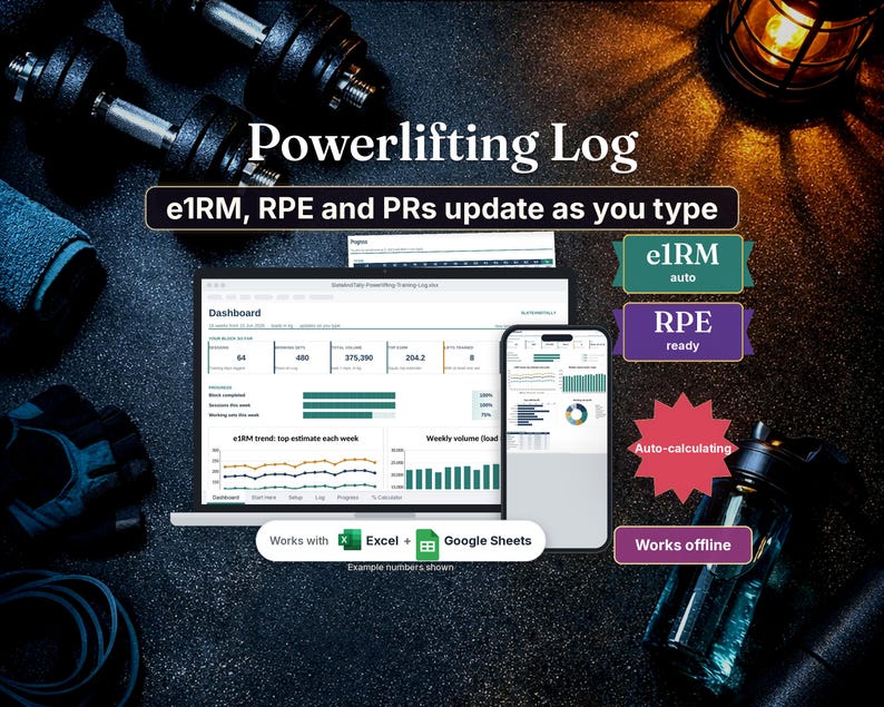 Powerlifting log spreadsheet auto e1RM RPE and PRs