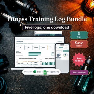 Fitness trainingslogboekbundel, inclusief tracker voor krachttraining, powerlifting, hardlopen en hybride workouts, beschikbaar in Google Sheets en Excel.