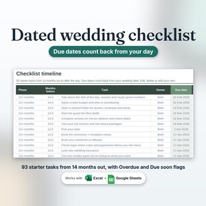 Wedding checklist with 93 tasks and due dates that count back from the wedding date