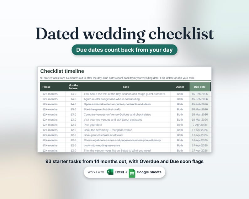 Wedding checklist with 93 tasks and due dates that count back from the wedding date