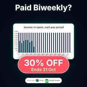 May include: A digital financial tracker graphic titled Paid Biweekly? featuring a bar chart labeled Income vs spent, each pay period. A red oval overlay displays 30% OFF Ends 31 Oct. The bottom includes text Works with Excel + Google Sheets.