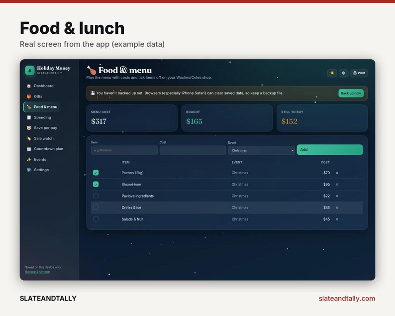 May include: A digital interface titled Food & menu displaying financial tracking data. The dark-themed dashboard features sections for menu cost, items bought, and items still to buy, with a list of food entries and associated costs.