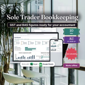 Australian sole trader bookkeeping spreadsheet with GST BAS figures, Excel and Google Sheets
