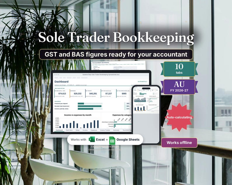 Australian sole trader bookkeeping spreadsheet with GST BAS figures, Excel and Google Sheets