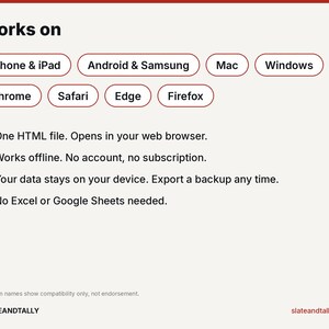 May include: An informational graphic titled Works on, listing compatibility with iPhone, iPad, Android, Samsung, Mac, Windows, Chrome, Safari, Edge, and Firefox. It notes the file is HTML, works offline, keeps data on the device, and requires no Excel.