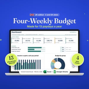 May include: A digital Four-Weekly Budget dashboard displayed on a laptop screen, featuring 13 pay periods, income and spending charts, and budget groups. The interface includes text labels like 'Income vs spent' and 'Budget by group' with compatibility for Excel and Google Sheets.