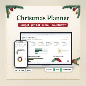 Christmas planner spreadsheet with budget, gift list, menu and countdown tabs, shown on a laptop and phone, any currency, 8 tabs, works with Excel and Google Sheets