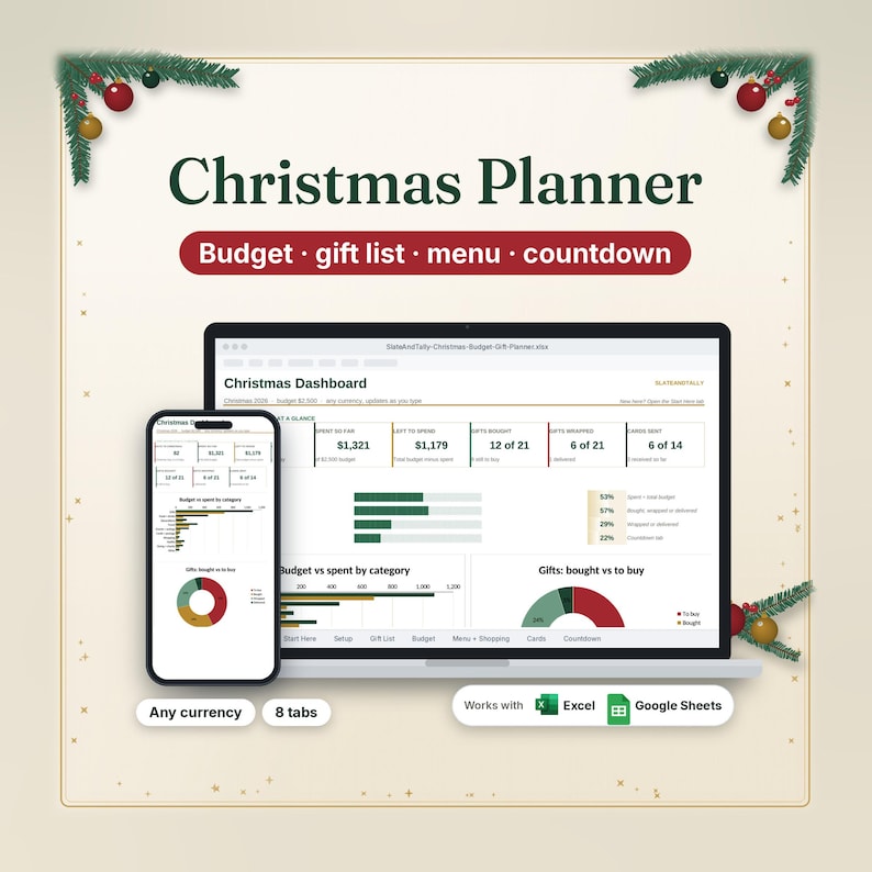 Christmas planner spreadsheet with budget, gift list, menu and countdown tabs, shown on a laptop and phone, any currency, 8 tabs, works with Excel and Google Sheets