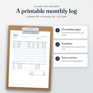 Printed page from the Tax Set-Aside Tracker fillable PDF on a clipboard