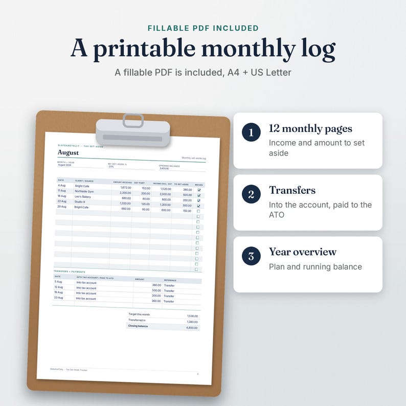 Printed page from the Tax Set-Aside Tracker fillable PDF on a clipboard