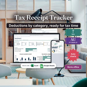 Receipt Tracker Spreadsheet, Australian Tax Deduction Log and Receipt Organiser, Excel + Google Sheets