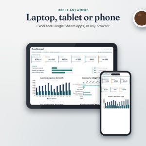 Sole Trader Bookkeeping open on a laptop, tablet and phone in Excel and Google Sheets