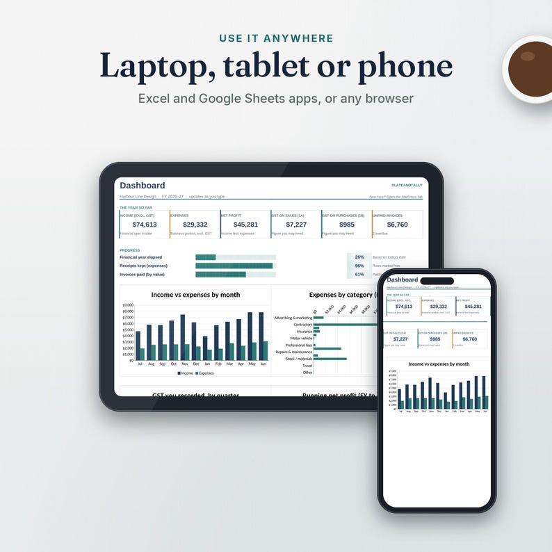 Sole Trader Bookkeeping open on a laptop, tablet and phone in Excel and Google Sheets