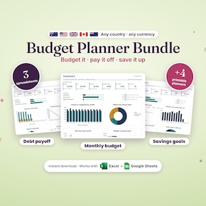 Budget planner bundle: monthly budget, debt payoff and savings goals spreadsheet dashboards, 3 spreadsheets plus 4 printable planners, any country and any currency, works with Excel and Google Sheets