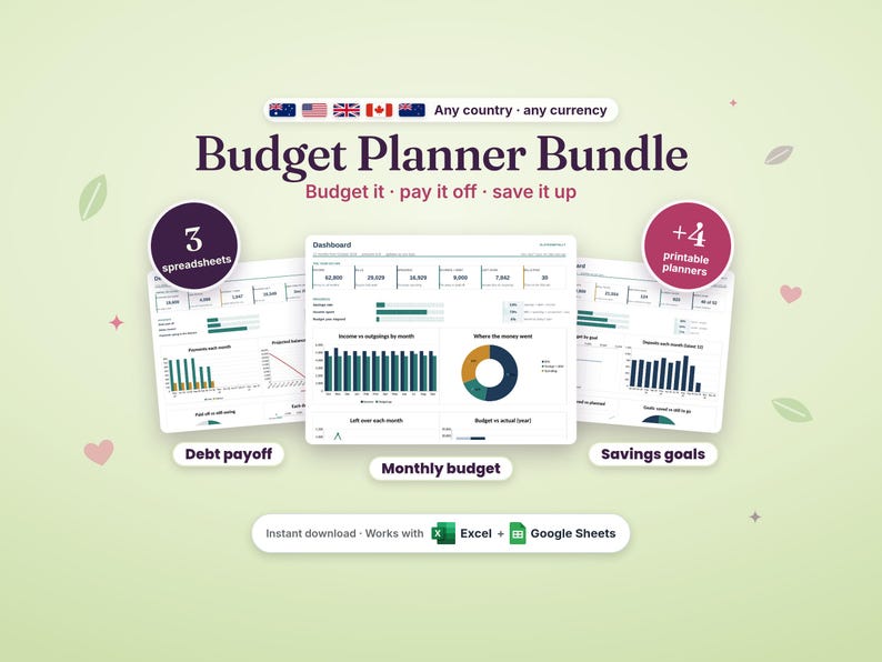 Budget planner bundle: monthly budget, debt payoff and savings goals spreadsheet dashboards, 3 spreadsheets plus 4 printable planners, any country and any currency, works with Excel and Google Sheets
