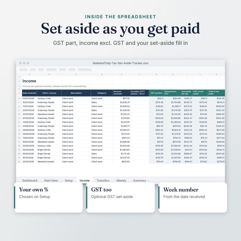 Tax Set-Aside Tracker Income tab: set aside as you get paid