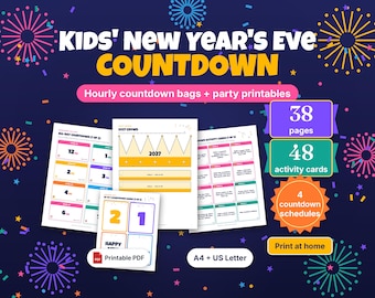 May include: A digital printable set for a Kids' New Year's Eve Countdown featuring 38 pages, 48 activity cards, and 4 schedules. The design includes colorful fireworks, a 2027 crown template, and hourly countdown cards in A4 and US Letter sizes.
