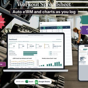 Workout Spreadsheet and Lifting Log, 12 Week Strength Training Tracker with e1RM Dashboard, Fillable PDF
