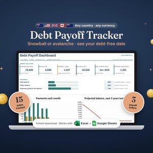 May include: A digital debt payoff tracker dashboard displayed on a laptop screen. The interface includes sections for debt totals, progress bars, monthly payment bar charts, and a projected balance line graph. Text includes Debt Payoff Tracker.