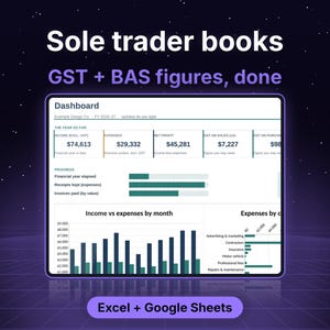 May include: A digital dashboard interface for sole trader books, displaying financial data including income, expenses, net profit, and GST figures. The screen features bar charts for monthly income versus expenses and expense categories, compatible with Excel and Google Sheets.