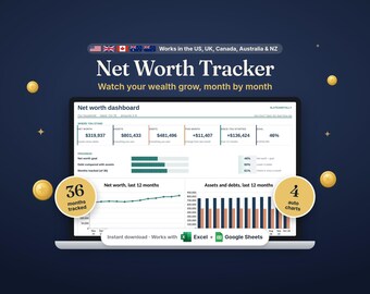 Net Worth Tracker Spreadsheet, Wealth Tracker, Assets and Debts Dashboard for Google Sheets and Excel