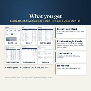What you get: one spreadsheet with Dashboard, Budget, Spending Log, Pay Period View, Savings Goals and Settings tabs, plus a Quick-Start PDF in A4 and US Letter