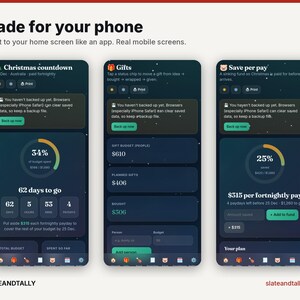 May include: Three mobile phone screens displaying a budgeting application with dark blue interfaces. The screens show features like Christmas countdown, gift tracking, and savings plans with text, progress circles, and buttons.