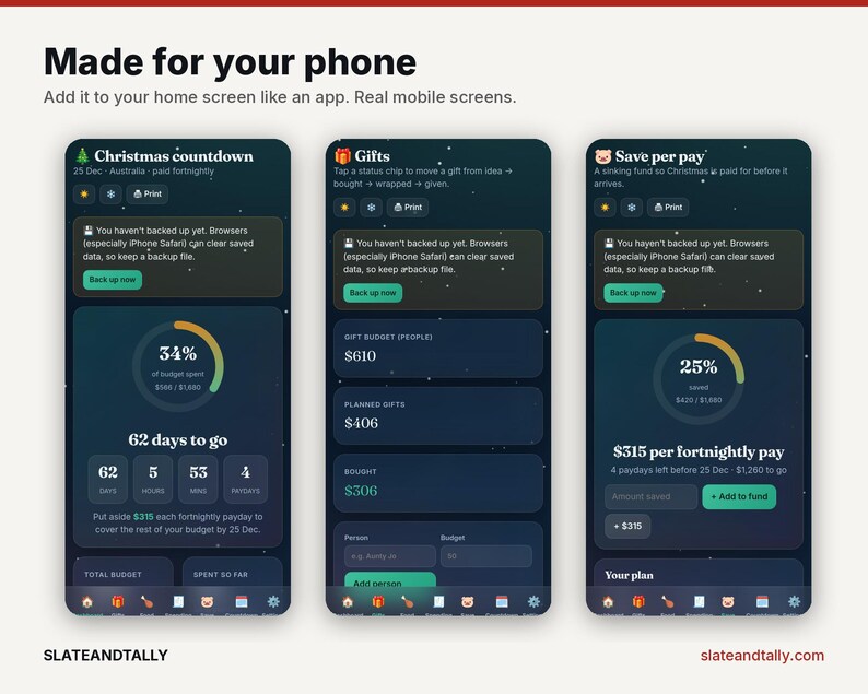 May include: Three mobile phone screens displaying a budgeting application with dark blue interfaces. The screens show features like Christmas countdown, gift tracking, and savings plans with text, progress circles, and buttons.