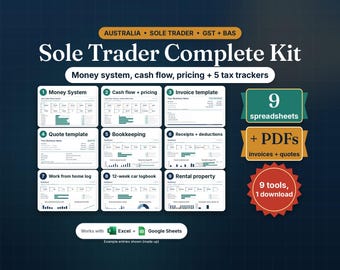 Australian Sole Trader Complete Kit, Bookkeeping, Cash Flow + Pricing Spreadsheets, BAS GST Tax Trackers
