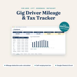 Könnte beinhalten: Eine digitale Gig Driver Mileage & Tax Tracker Tabelle für 2026, kompatibel mit Google Sheets und Excel. Die Benutzeroberfläche zeigt ein Dashboard mit monatlichen Einnahmen, Ausgaben, Nettogewinn, Steuerschätzungen und einem Balkendiagramm.