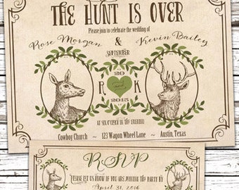 Invitations de mariage de cerf, invitation à la chasse, invitations de mariage occidentales, invitation boisée de montagne, invitation de mariage dans une grange.