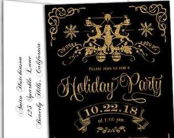 Invitation à une fête de vacances en or. Invitation de vacances à paillettes numériques. Invitation de Noël en or. Invitations de Noël dorées et noires.