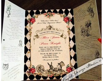 Elegant Alice in Wonderland invitation. Mad Hatter tea party wedding invitation. Alice Sweet sixteen invites. Queen of hearts invitations.