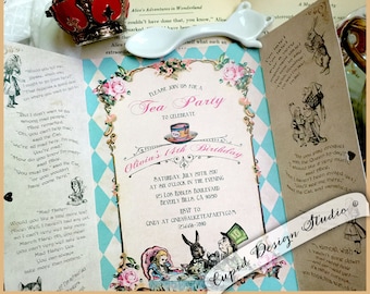 Alice in wonderland gatefold invitations Mad hatter tea party personalized  invites 5x7