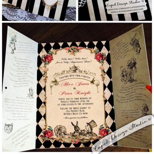 Elegant Alice in Wonderland invitation. Mad Hatter tea party wedding invitation. Alice Sweet sixteen invites. Queen of hearts invitations.