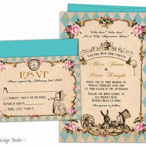 fairytale wedding invitations printed wedding invitation set handmade alice in wonderland invitations Mad hatter tea wedding invitations image 4