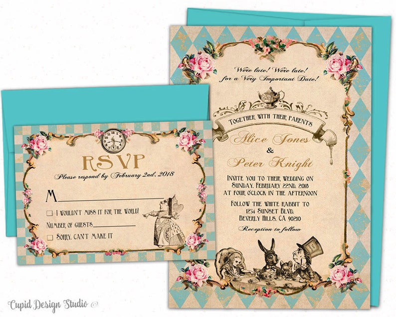 fairytale wedding invitations printed wedding invitation set handmade alice in wonderland invitations Mad hatter tea wedding invitations image 4