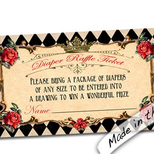 Alice in wonderland diaper raffle ticket. Baby shower diaper raffle card. Printable wonderland diaper raffle card Instant printable download
