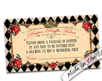 Alice in wonderland diaper raffle ticket. Baby shower diaper raffle card. Printable wonderland diaper raffle card Instant printable download