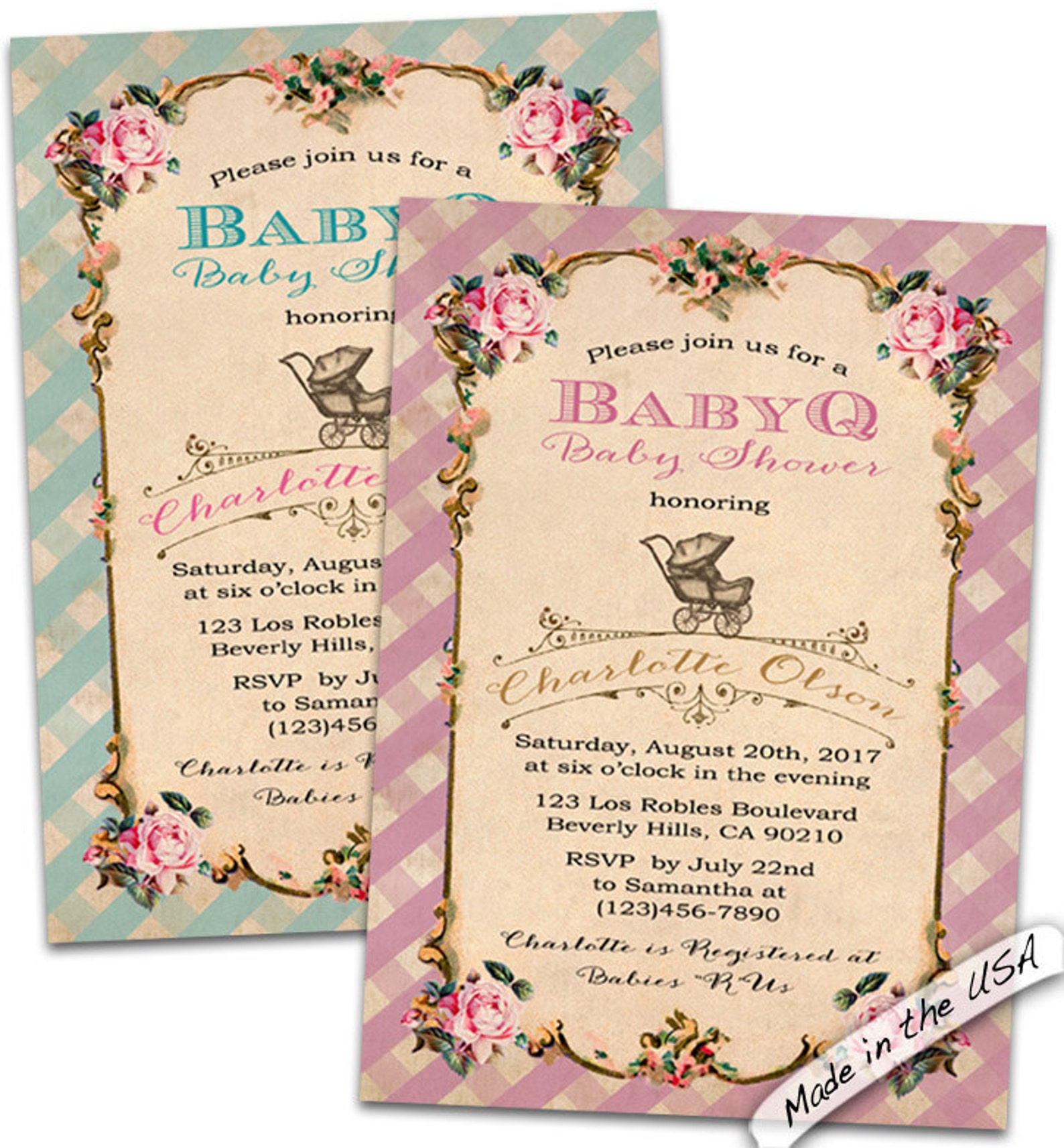 Baby Q Gingham Invitation/baby Q Shower Invitations/shabby Etsy