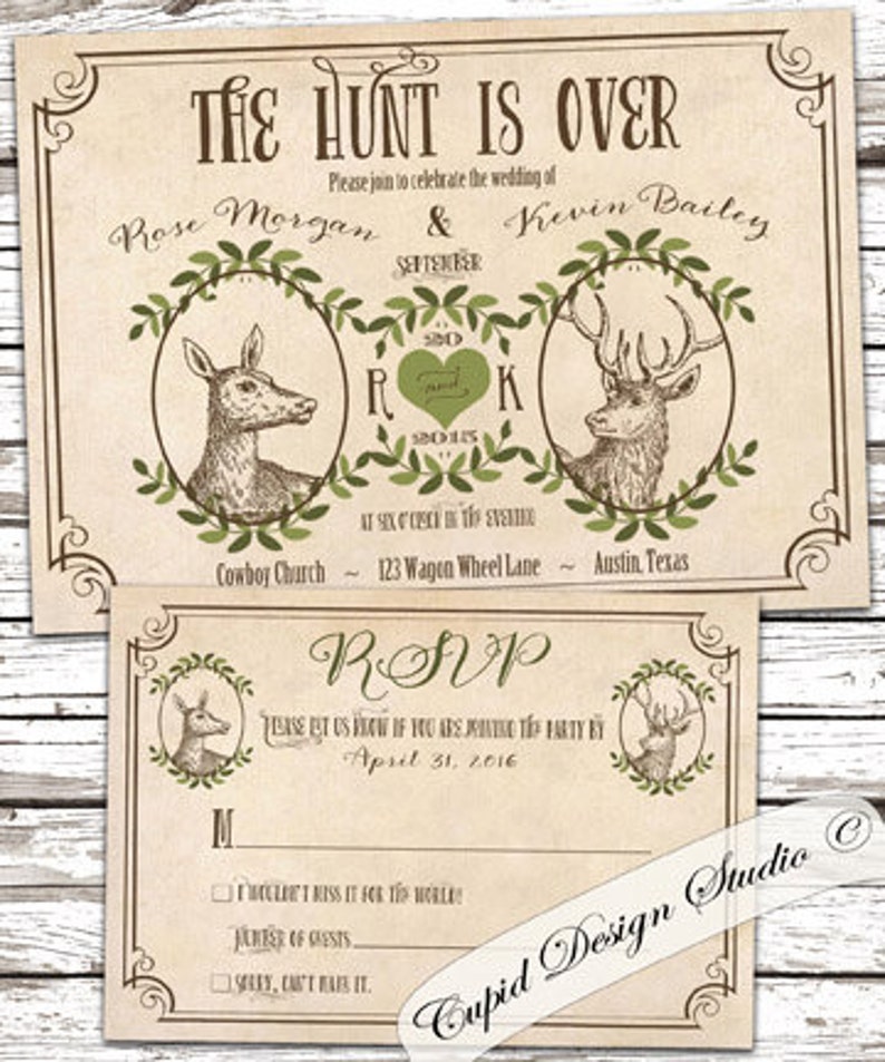 Deer wedding invitations, the hunt is over invitation, western wedding invitations, mountain woodsy invitation, barn wedding invitation. image 1