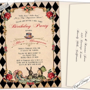 Alice in Wonderland birthday invitations for girls. Mad hatter tea party birthday invitations for teens. Wonderland birthday invites.