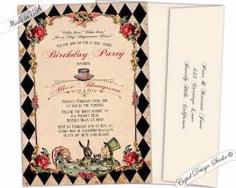 Alice in Wonderland birthday invitations for girls. Mad hatter tea party birthday invitations for teens. Wonderland birthday invites.