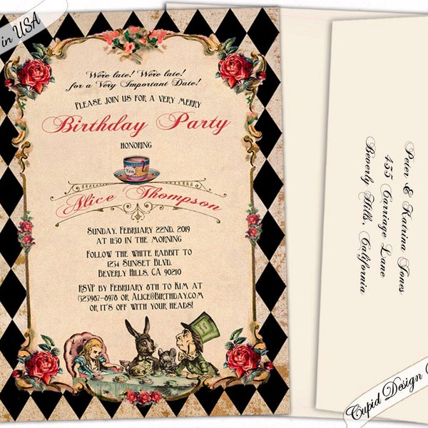 Alice in Wonderland birthday invitations for girls. Mad hatter tea party birthday invitations for teens. Wonderland birthday invites.