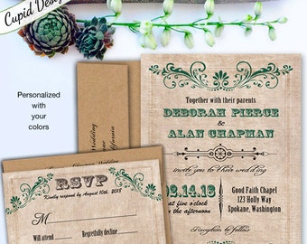 Rustic vintage wedding invitations. Vintage elegant wedding invitation. Western Country Wedding invitations. Custom personalized wedding inv