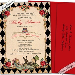 Alice in wonderland baby shower invitations. Mad hatter baby shower invite. Queen of hearts invitation. Wonderland baby shower invites.