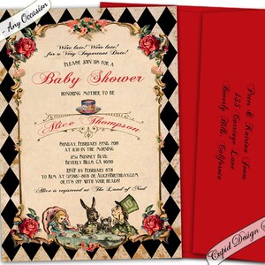 Alice in wonderland baby shower invitations. Mad hatter baby shower invite. Queen of hearts invitation. Wonderland baby shower invites. image 1